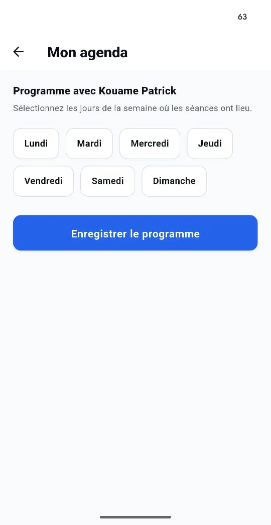 Écran Mon agenda côté prof extra-scolaire : sélection des jours de la semaine où les séances ont lieu avec une famille, et bouton d'enregistrement du programme
