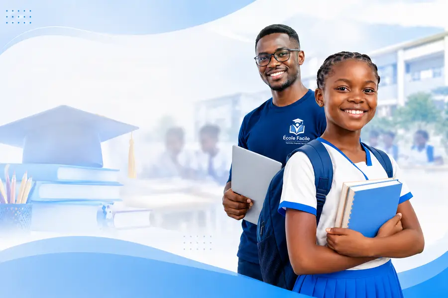 Un prof extra-scolaire d'École Facile et une élève, souriants, livres et cartable à la main